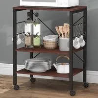 3 Shelf Coffee Storage Trolley with Removable Hooks - Brown