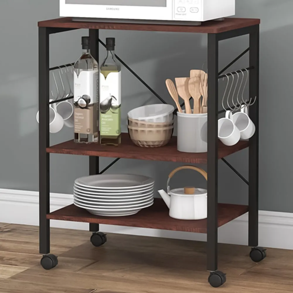 3 Shelf Coffee Storage Trolley with Removable Hooks - Brown image