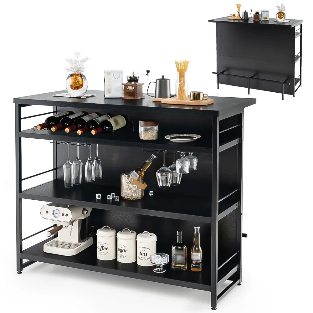 3 Shelf Industrial Home Bar Unit with Wine Storage - Black