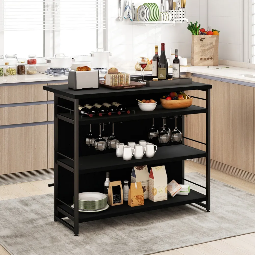 3 Shelf Industrial Home Bar Unit with Wine Storage - Black