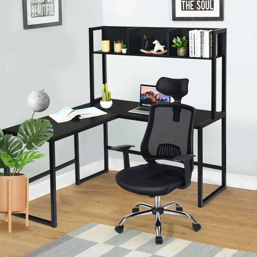3 Shelf L-Shaped Corner Computer Desk - Black