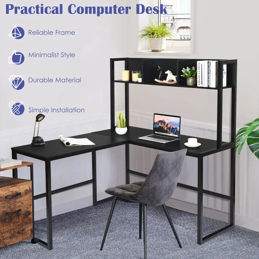 3 Shelf L-Shaped Corner Computer Desk - Black