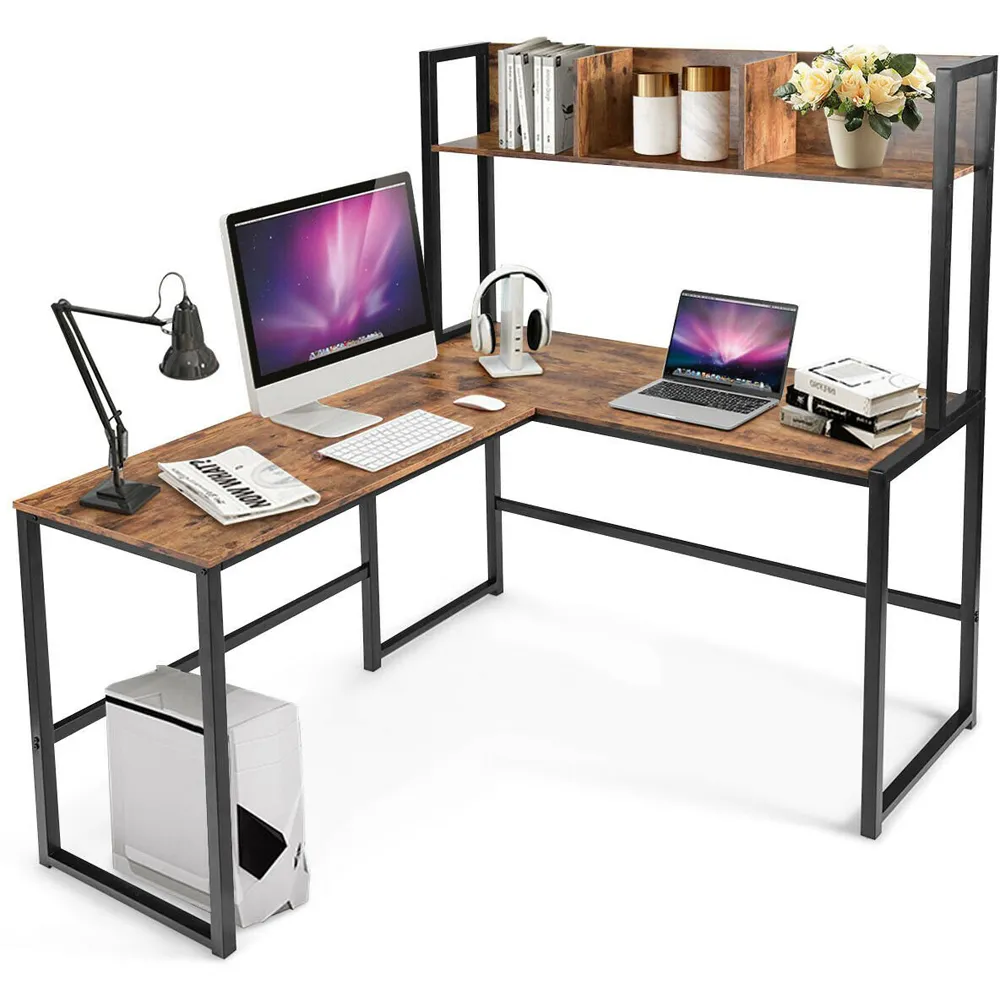 3 Shelf L-Shaped Corner Computer Desk - Brown