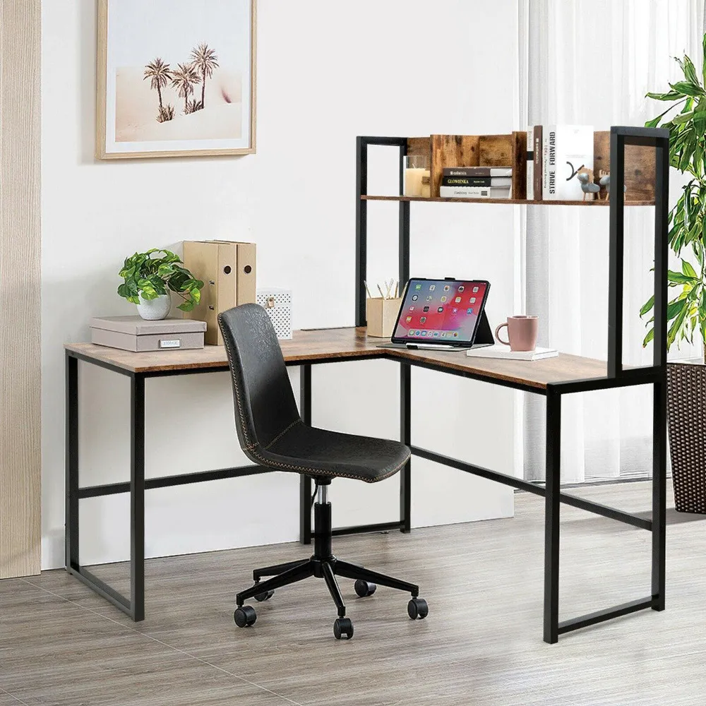 3 Shelf L-Shaped Corner Computer Desk - Brown