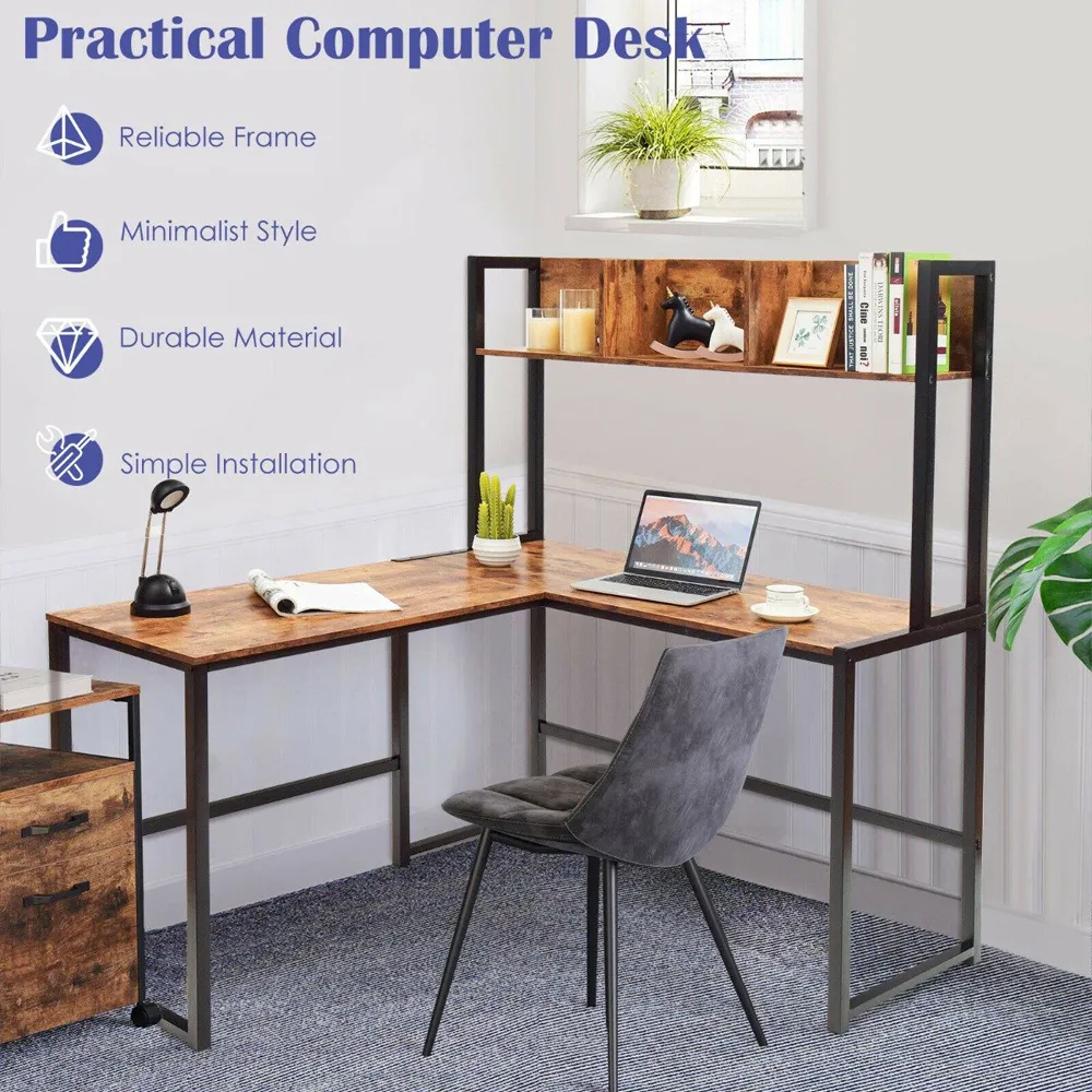 3 Shelf L-Shaped Corner Computer Desk - Brown