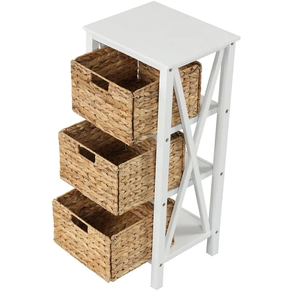 3 Shelf Side Table with Seagrass Baskets - White, Acacia Wood
