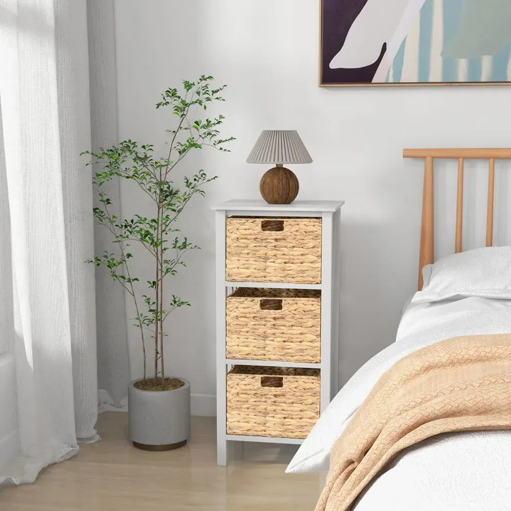 3 Shelf Side Table with Seagrass Baskets - White, Acacia Wood