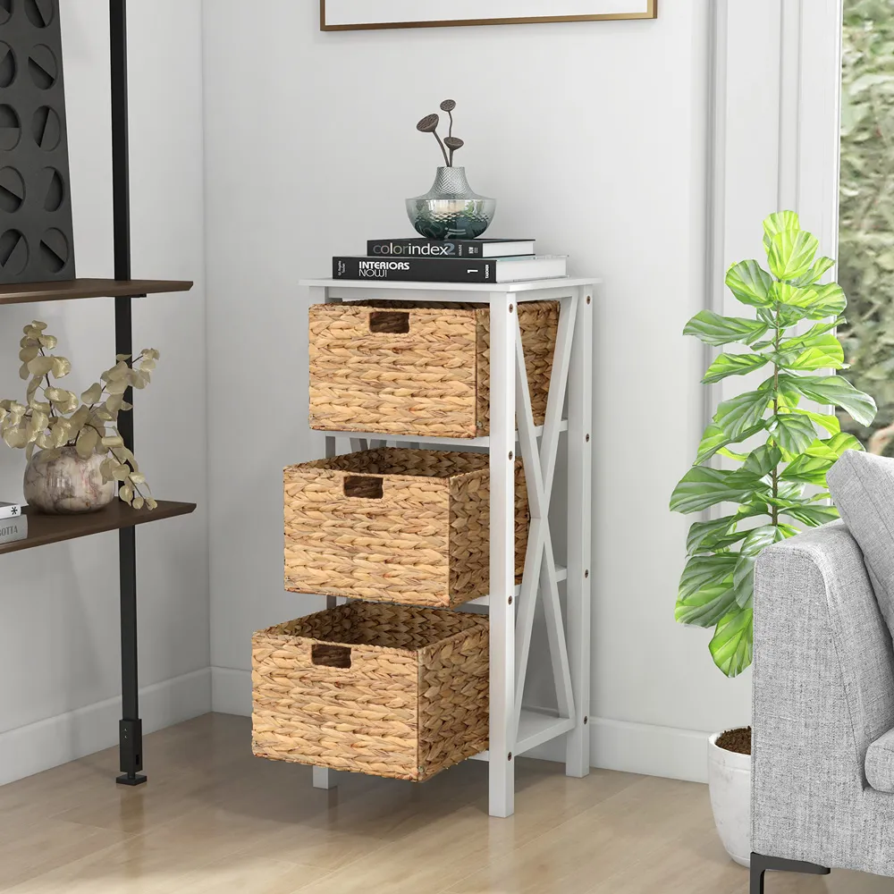3 Shelf Side Table with Seagrass Baskets - White, Acacia Wood