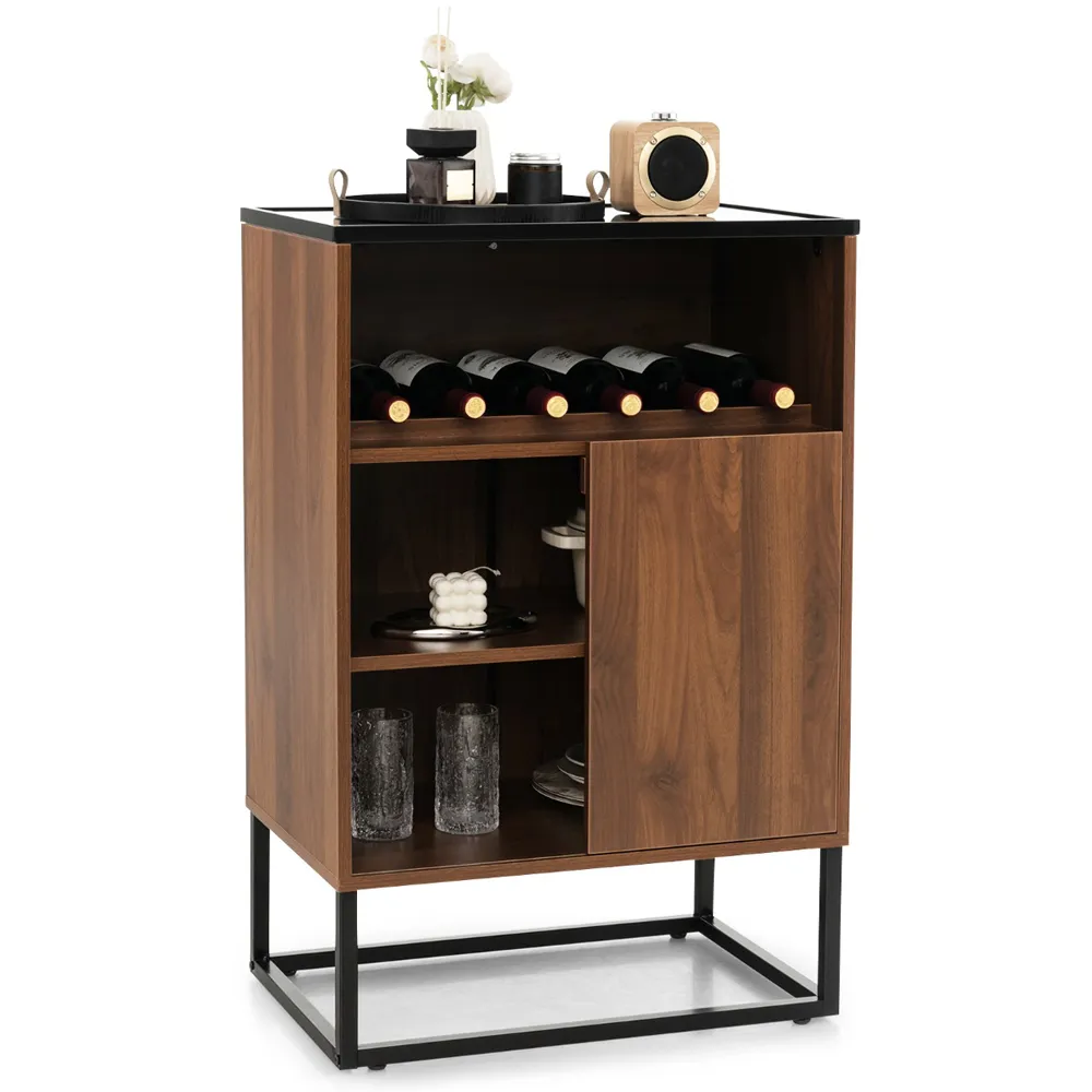 3 Shelf Wine Cabinet with Glass Top - Brown, Walnut