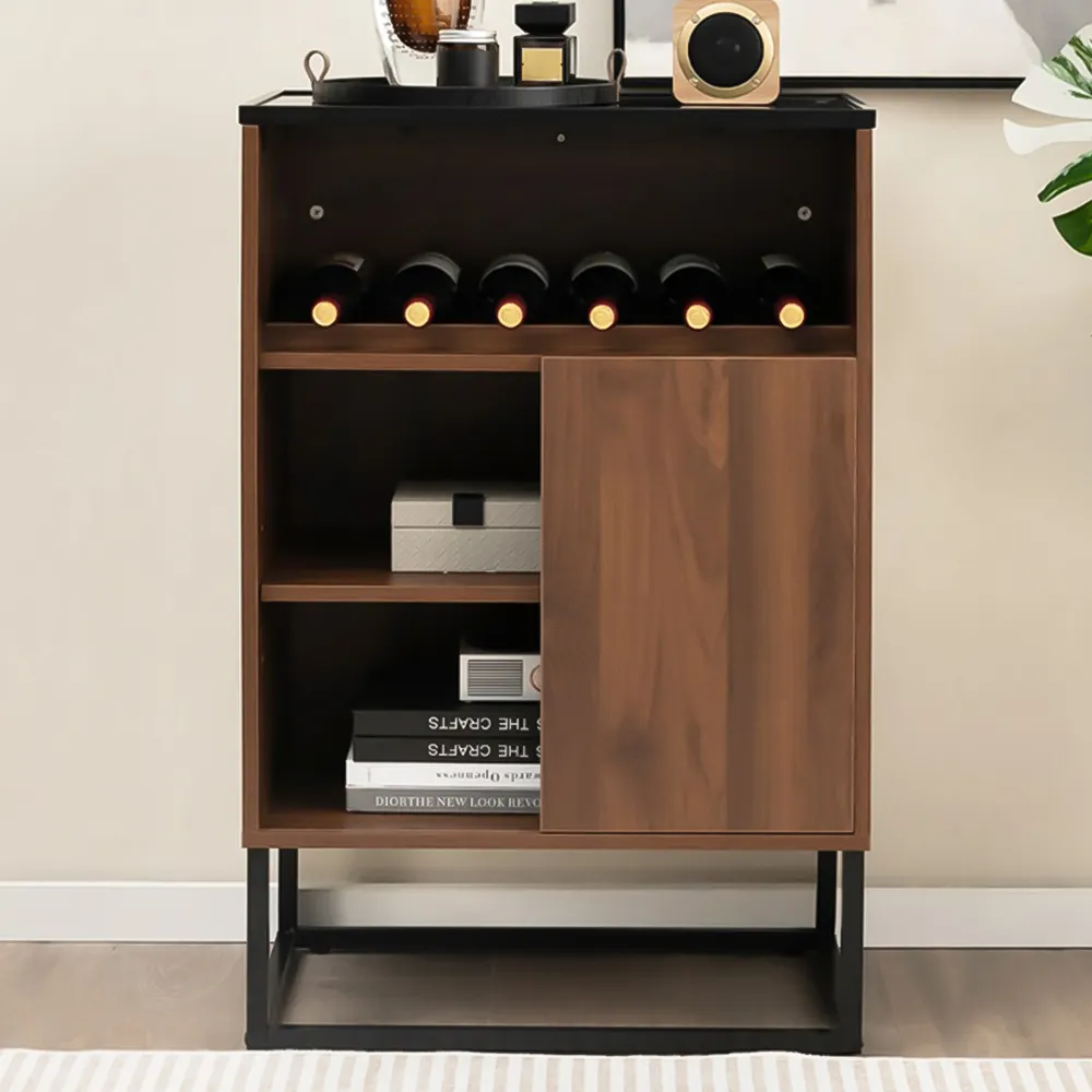 3 Shelf Wine Cabinet with Glass Top - Brown, Walnut image