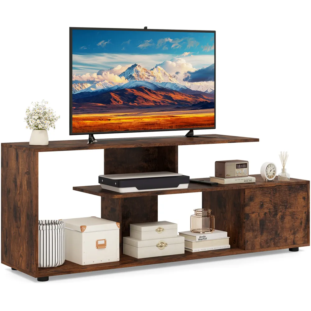 3 Tier Asymmetrical Media Console Table - Rustic Brown