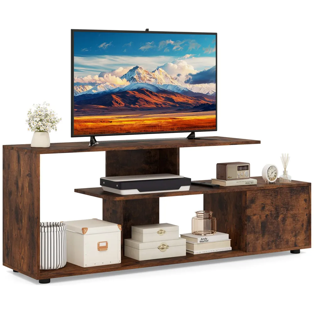 3 Tier Asymmetrical Media Console Table - Rustic Brown
