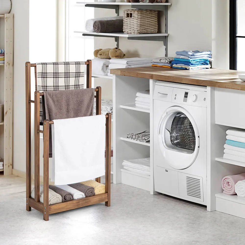 3 Tier Freestanding Towel Rack with Shelf - Brown, Wood