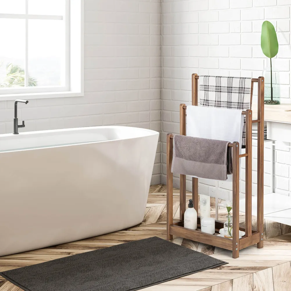 3 Tier Freestanding Towel Rack with Shelf - Brown, Wood