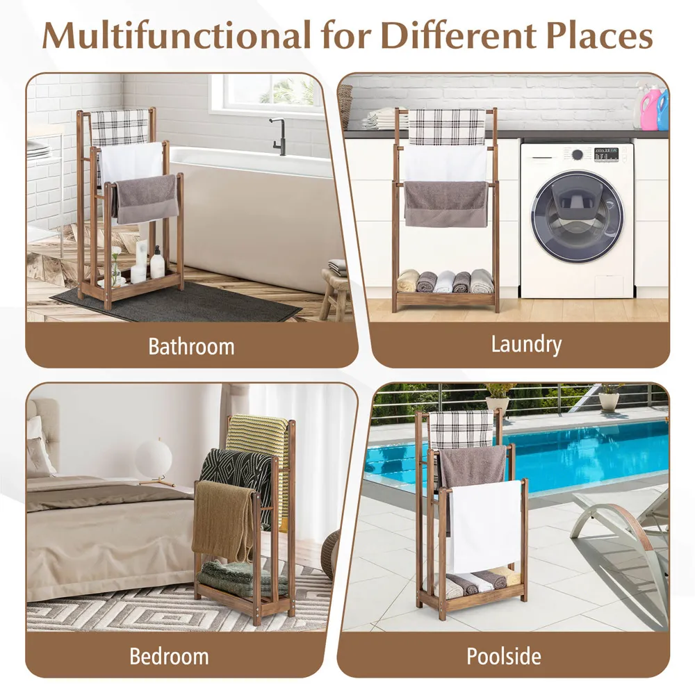 3 Tier Freestanding Towel Rack with Shelf - Brown, Wood