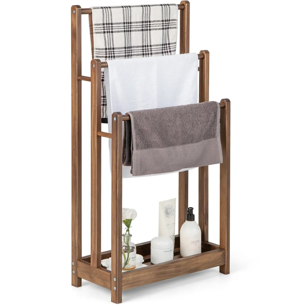 3 Tier Freestanding Towel Rack with Shelf - Brown, Wood