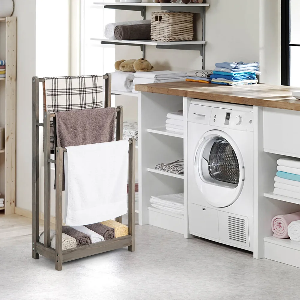 3 Tier Freestanding Towel Rack with Shelf - Grey, Wood