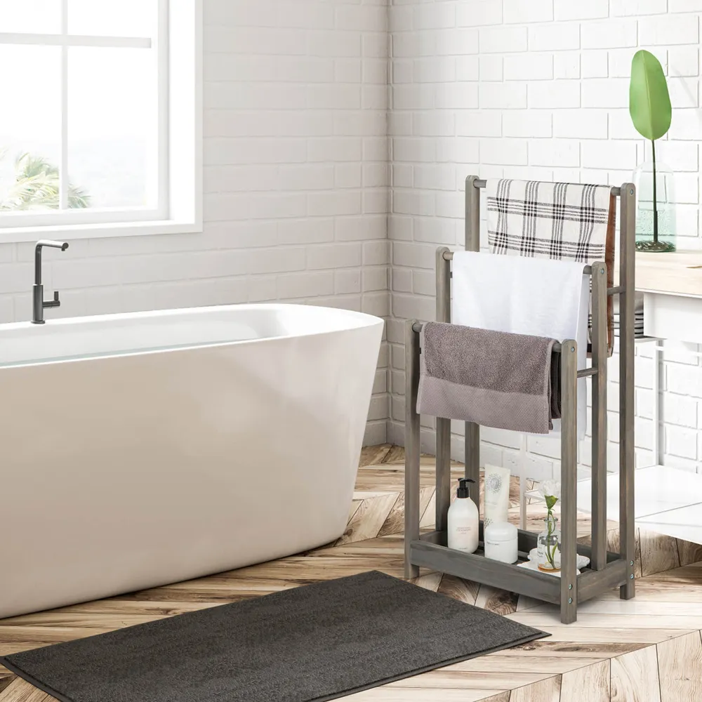 3 Tier Freestanding Towel Rack with Shelf - Grey, Wood
