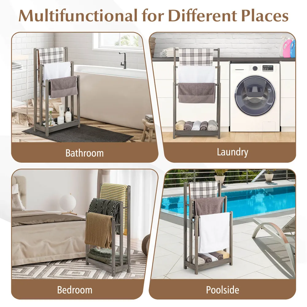 3 Tier Freestanding Towel Rack with Shelf - Grey, Wood