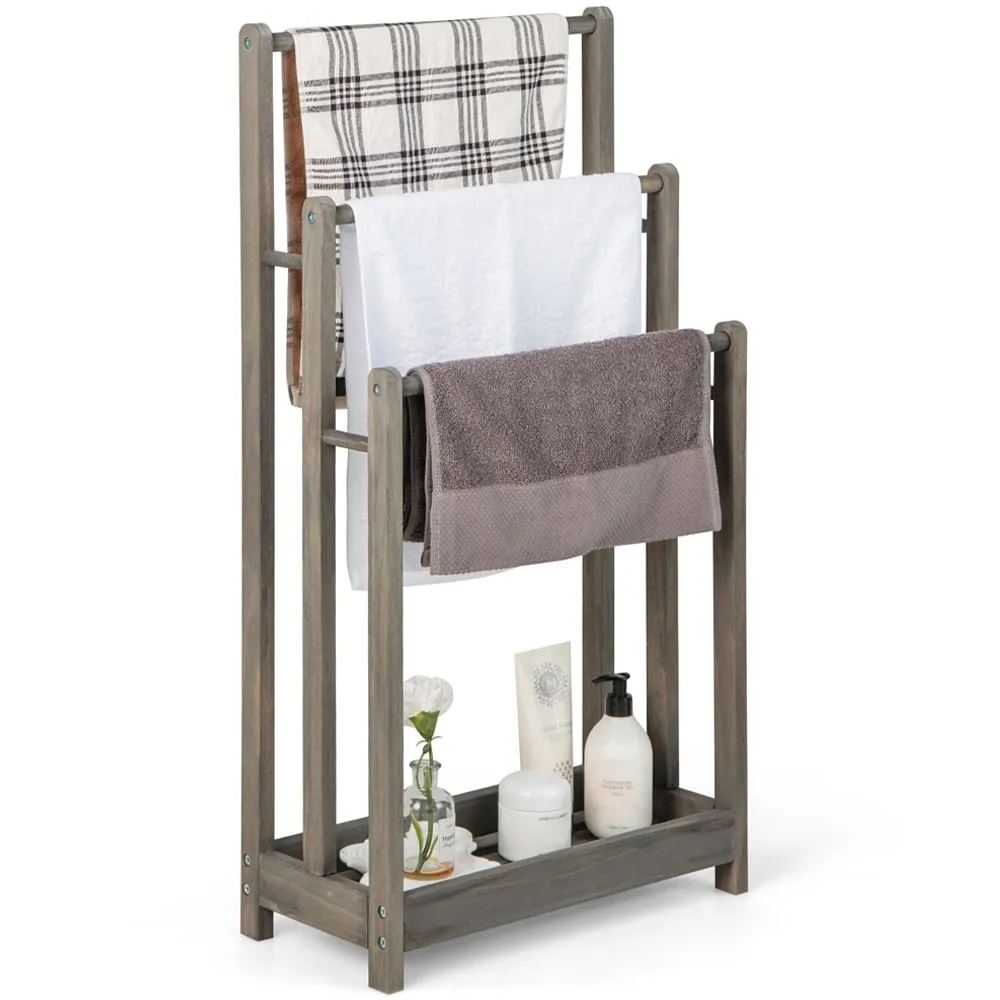 3 Tier Freestanding Towel Rack with Shelf - Grey, Wood