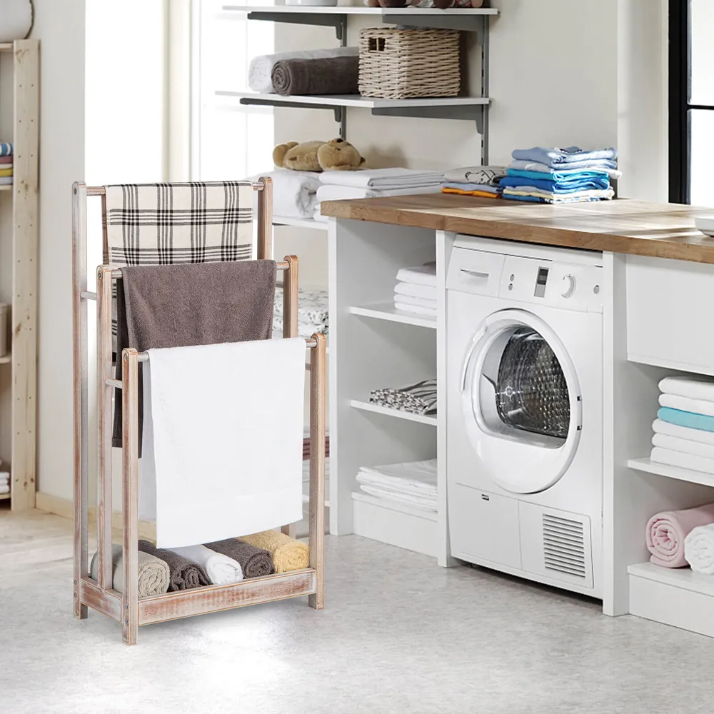 3 Tier Freestanding Towel Rack with Shelf - White, Wood