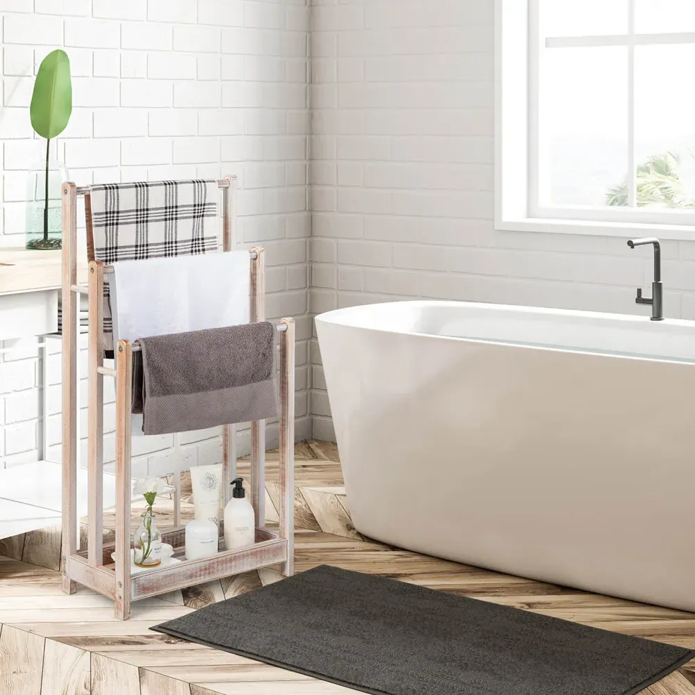 3 Tier Freestanding Towel Rack with Shelf - White, Wood