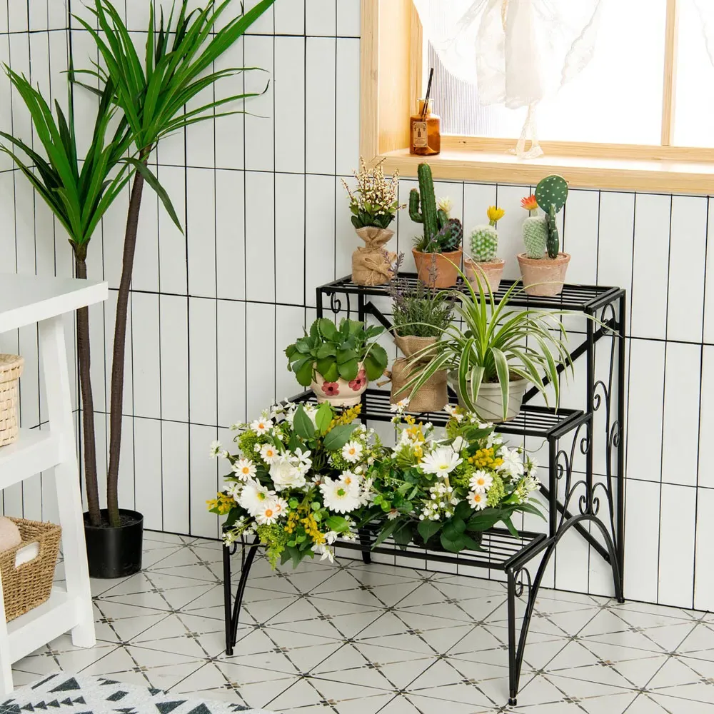 3-Tier Ladder Plant Stand with Grid Shelves - Black