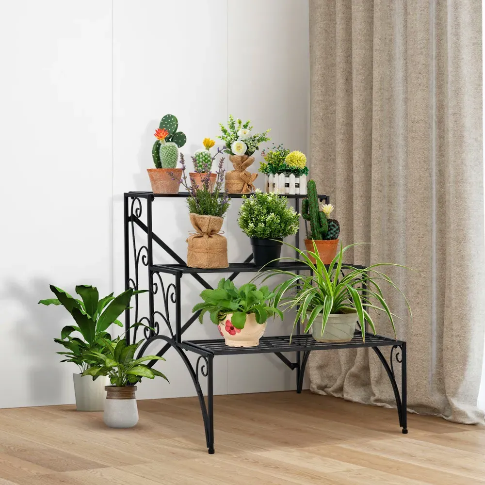 3-Tier Ladder Plant Stand with Grid Shelves - Black