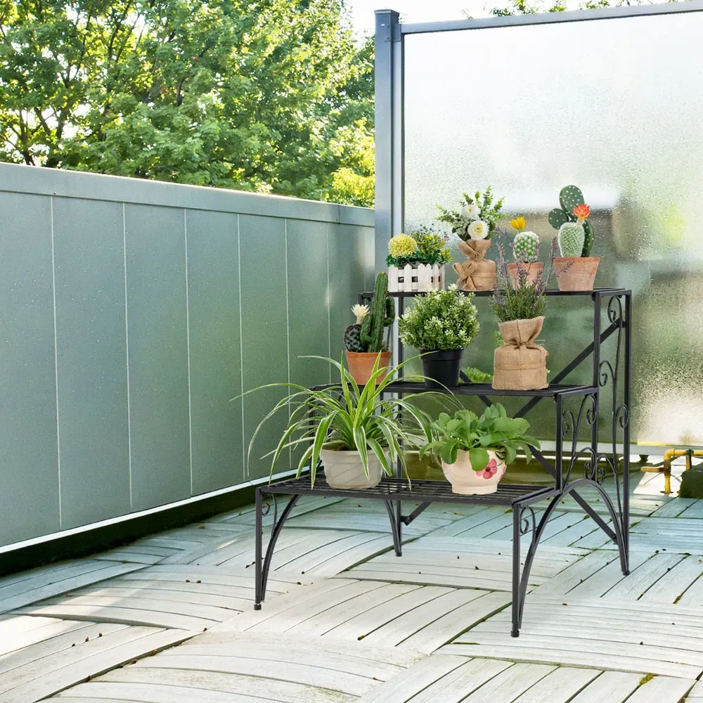 3-Tier Ladder Plant Stand with Grid Shelves - Black