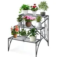 3-Tier Ladder Plant Stand with Grid Shelves - Black