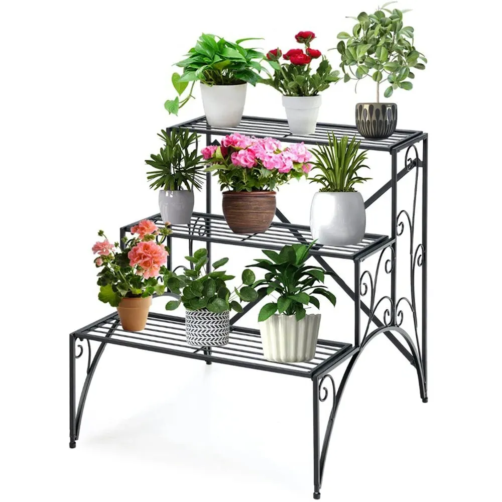 3-Tier Ladder Plant Stand with Grid Shelves - Black image