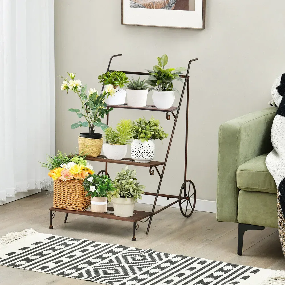 3 Tier Ladder Plant Stand with Wheels - Multi, Metal