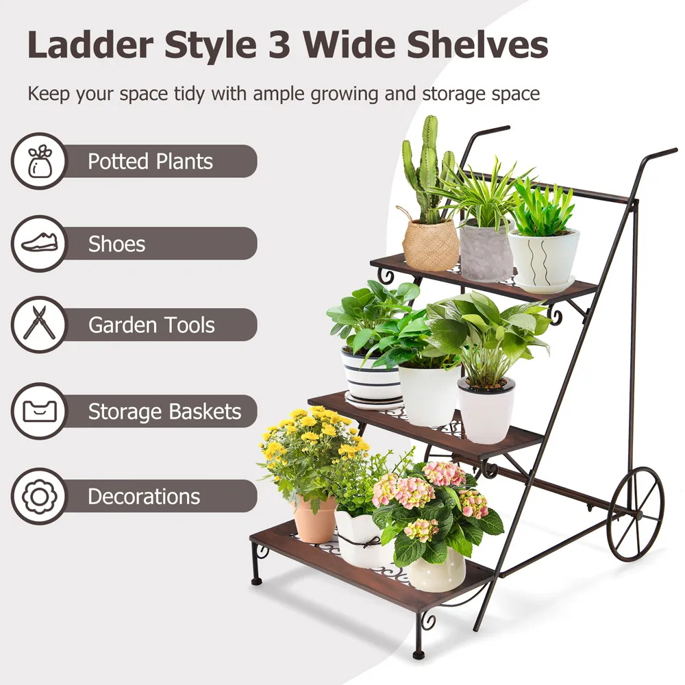 3 Tier Ladder Plant Stand with Wheels - Multi, Metal
