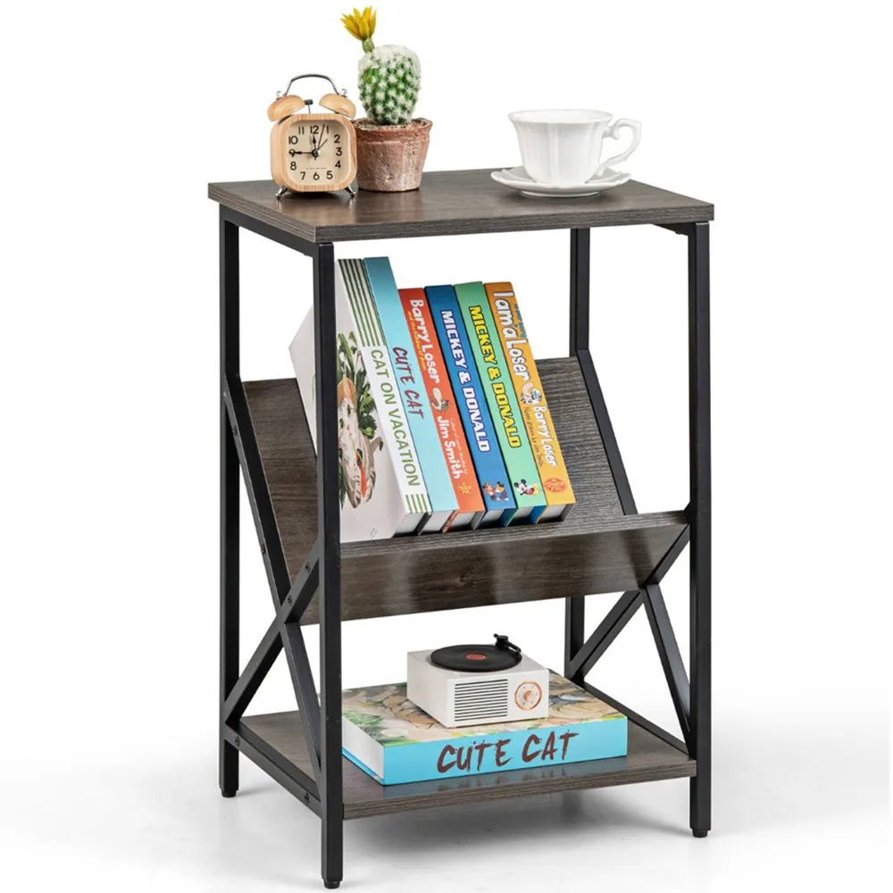3 Tier Record Player Stand with Magazine Holder - Grey