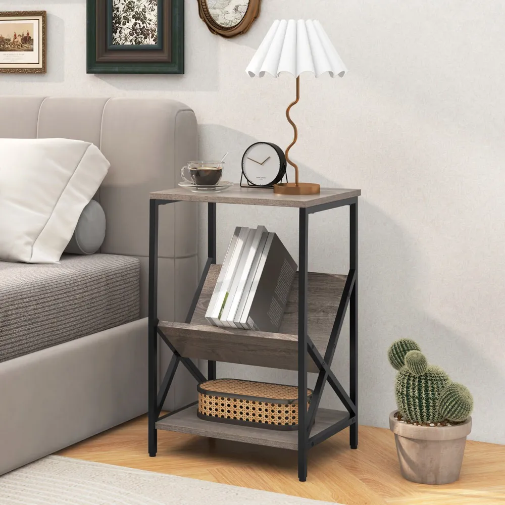 3 Tier Record Player Stand with Magazine Holder - Grey