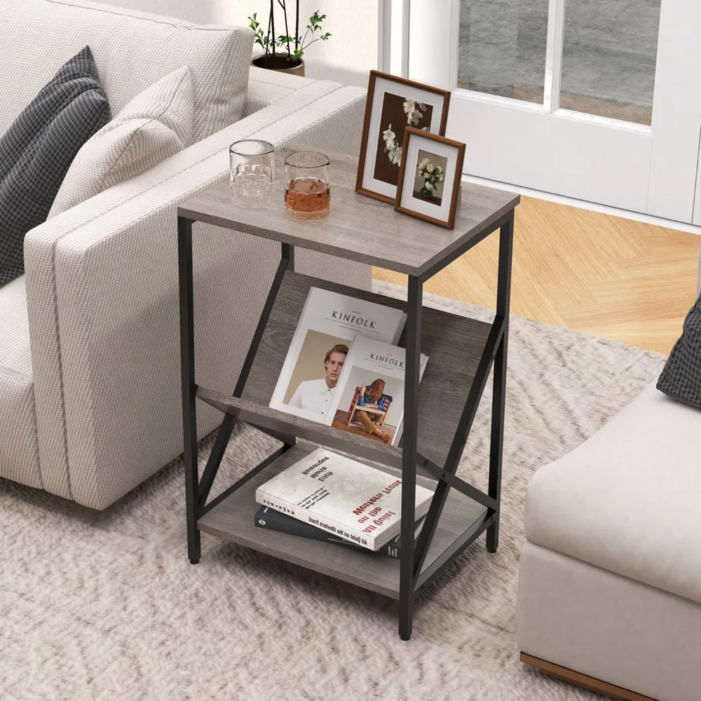 3 Tier Record Player Stand with Magazine Holder - Grey