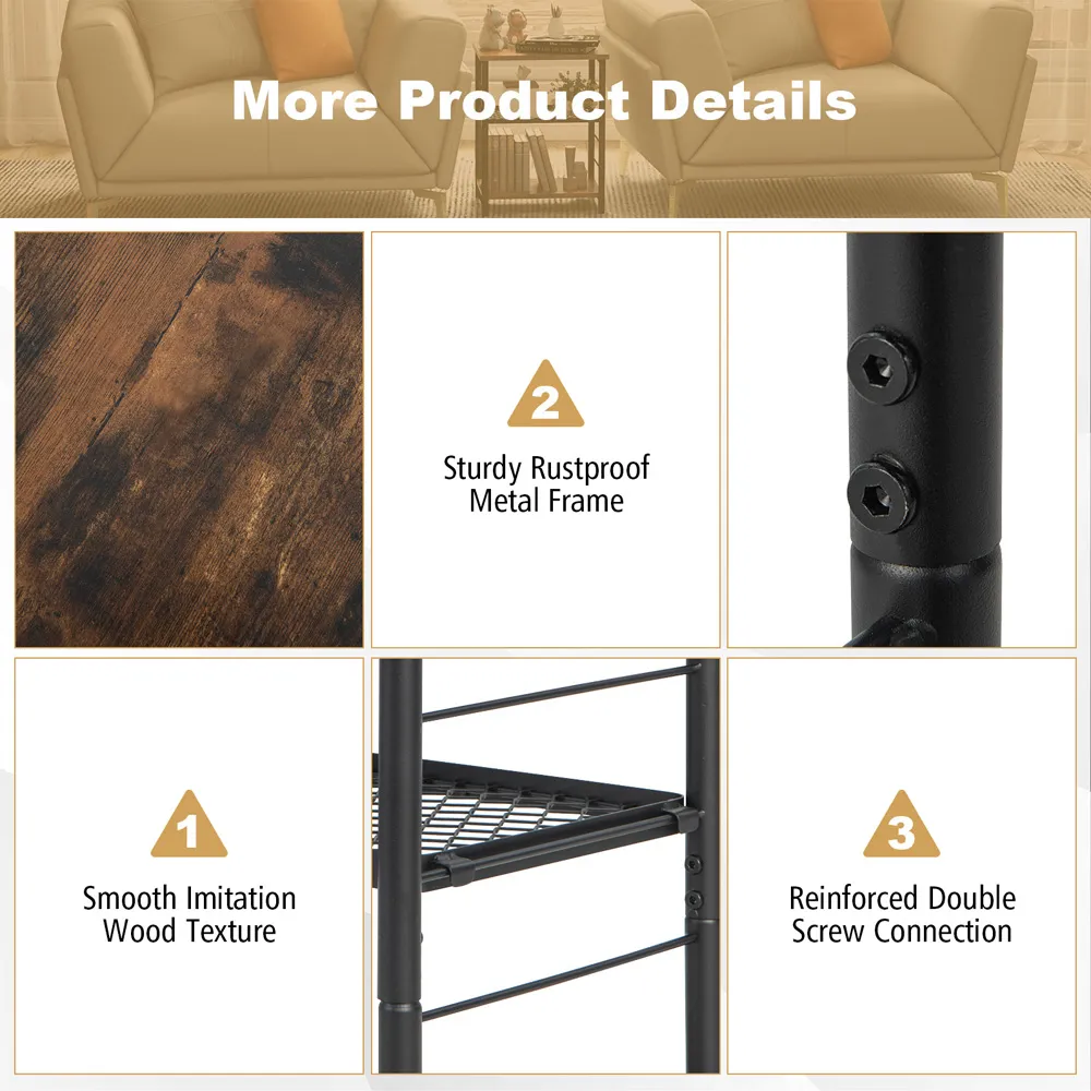 3-Tier Side Table with Adjustable Shelf - Brown