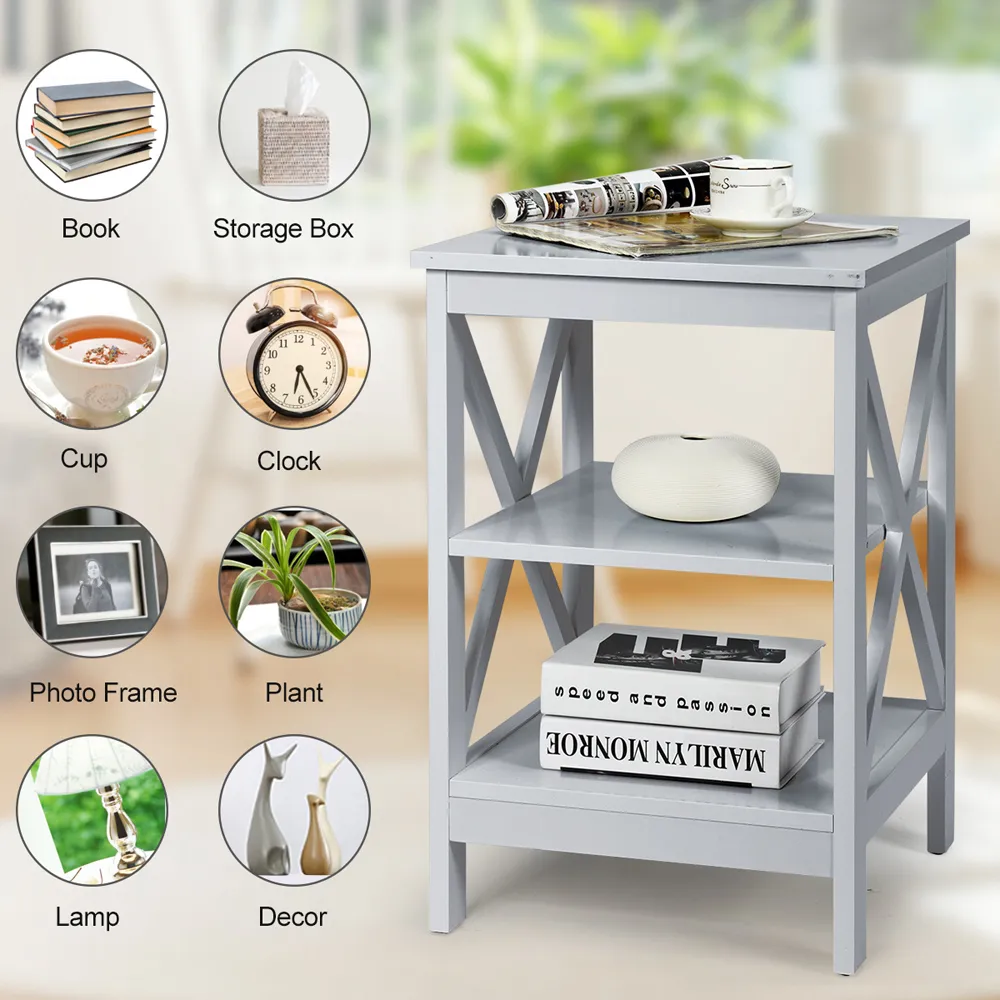 3-Tier Side Table with Storage - Grey, MDF