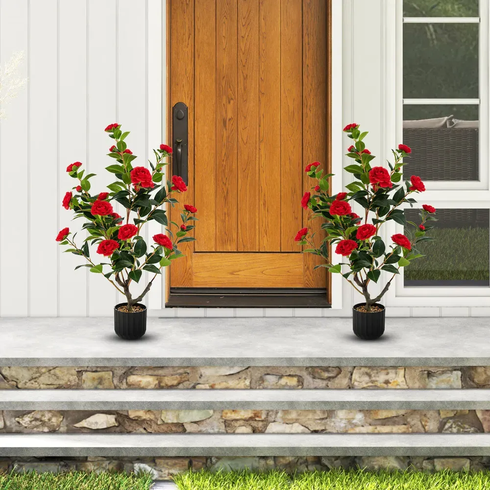 3.1ft Camellia Tree Artificial Plant in Pot 2 Pack - Red