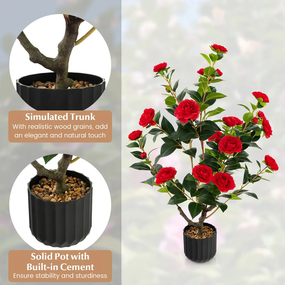 3.1ft Camellia Tree Artificial Plant in Pot 2 Pack - Red