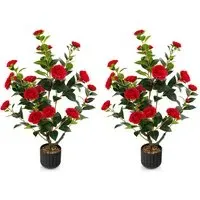 3.1ft Camellia Tree Artificial Plant in Pot 2 Pack - Red
