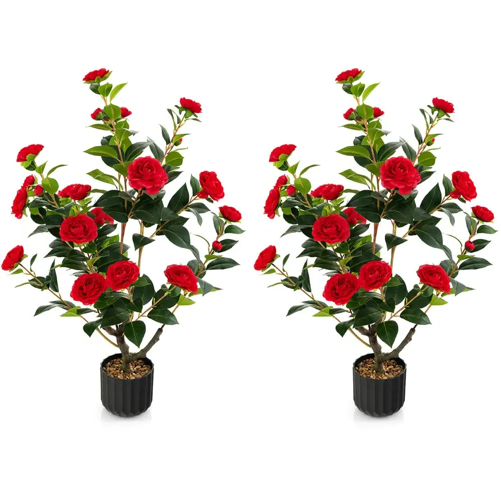 3.1ft Camellia Tree Artificial Plant in Pot 2 Pack - Red