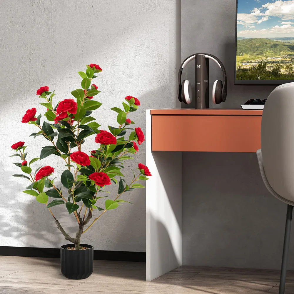 3.1ft Camellia Tree Artificial Plant in Pot - Red