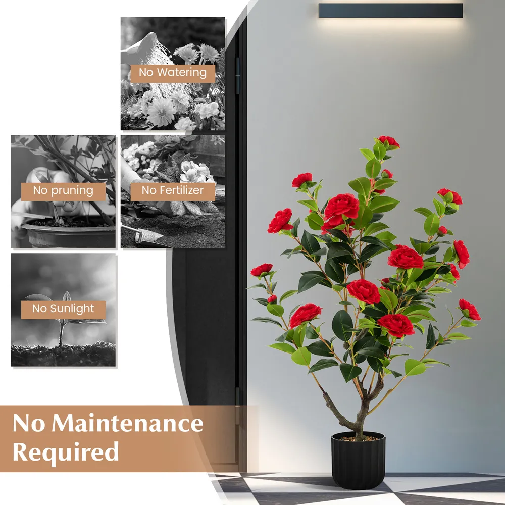 3.1ft Camellia Tree Artificial Plant in Pot - Red