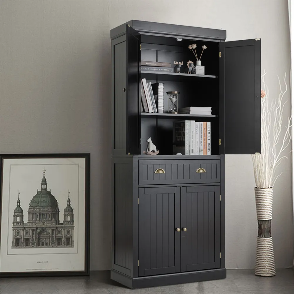 4 Door Tall Kitchen Cupboard with Drawer - Black