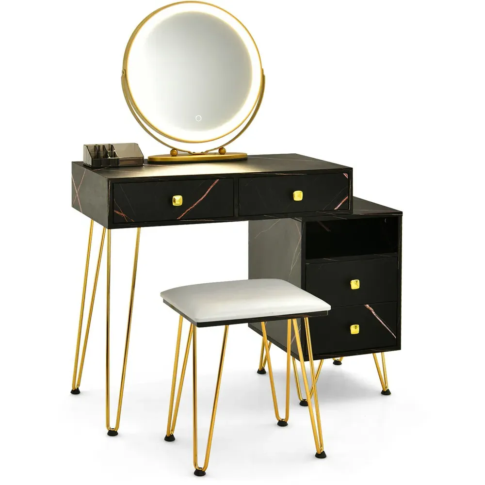 4 Drawer 2 Shelf Vanity Dressing Table Set with LED Mirror - Black