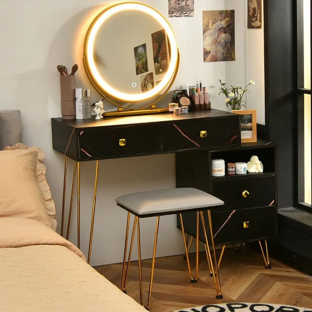 4 Drawer 2 Shelf Vanity Dressing Table Set with LED Mirror - Black image