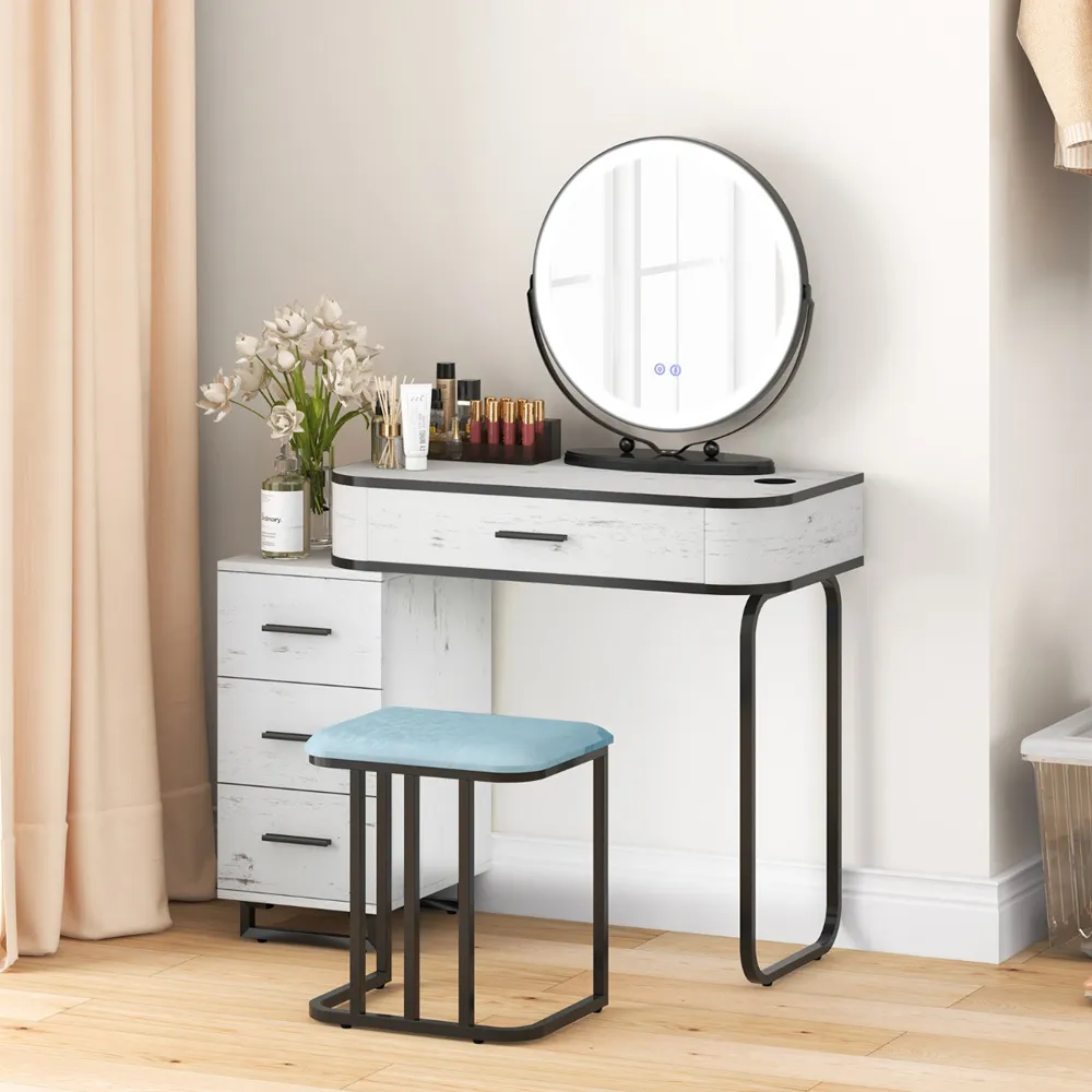 4 Drawer Lighted Swivel Mirror Vanity Table Set - White