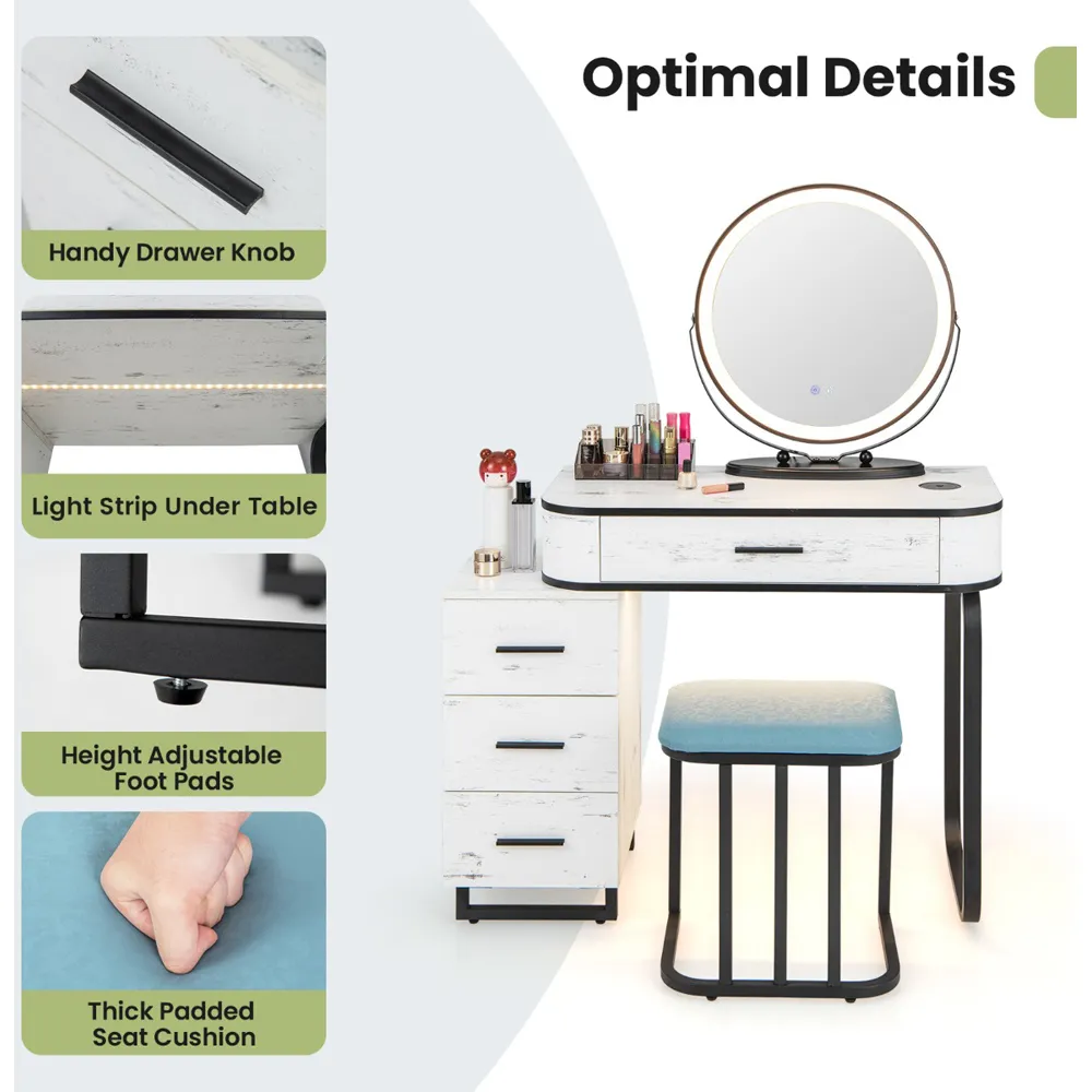 4 Drawer Lighted Swivel Mirror Vanity Table Set - White