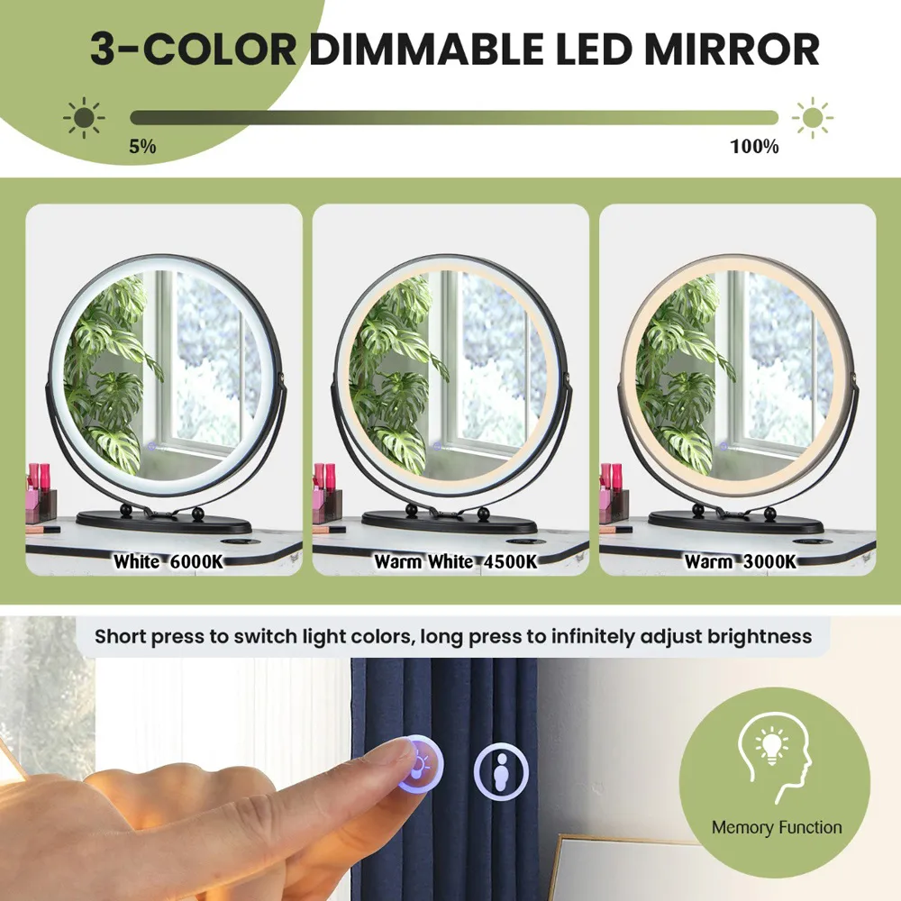 4 Drawer Lighted Swivel Mirror Vanity Table Set - White